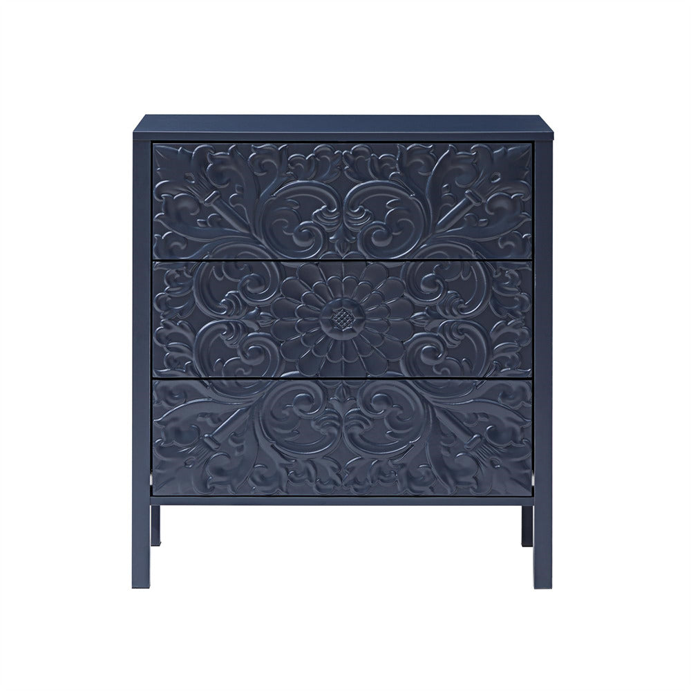 Gray Blue Wooden 3 Drawer Dresser with Storage and Engraved Design