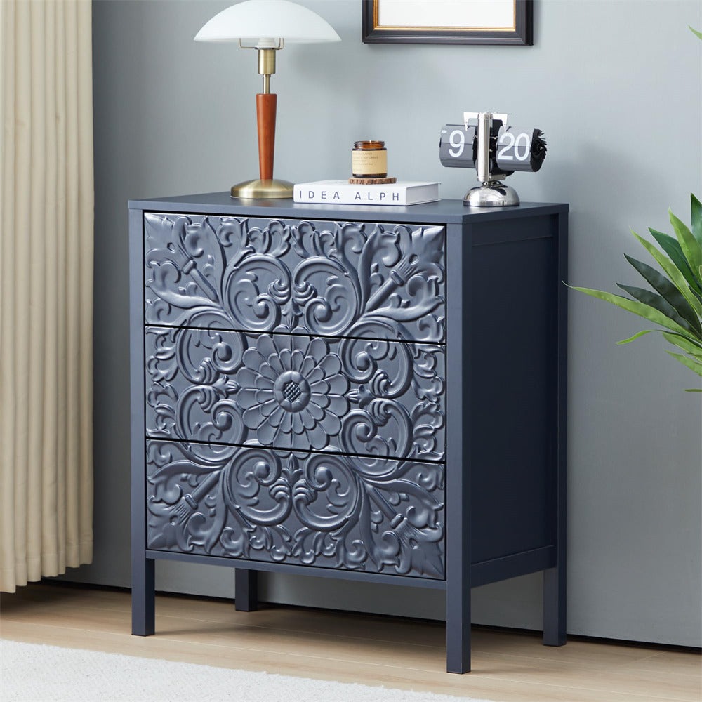 Gray Blue Wooden 3 Drawer Dresser with Storage and Engraved Design