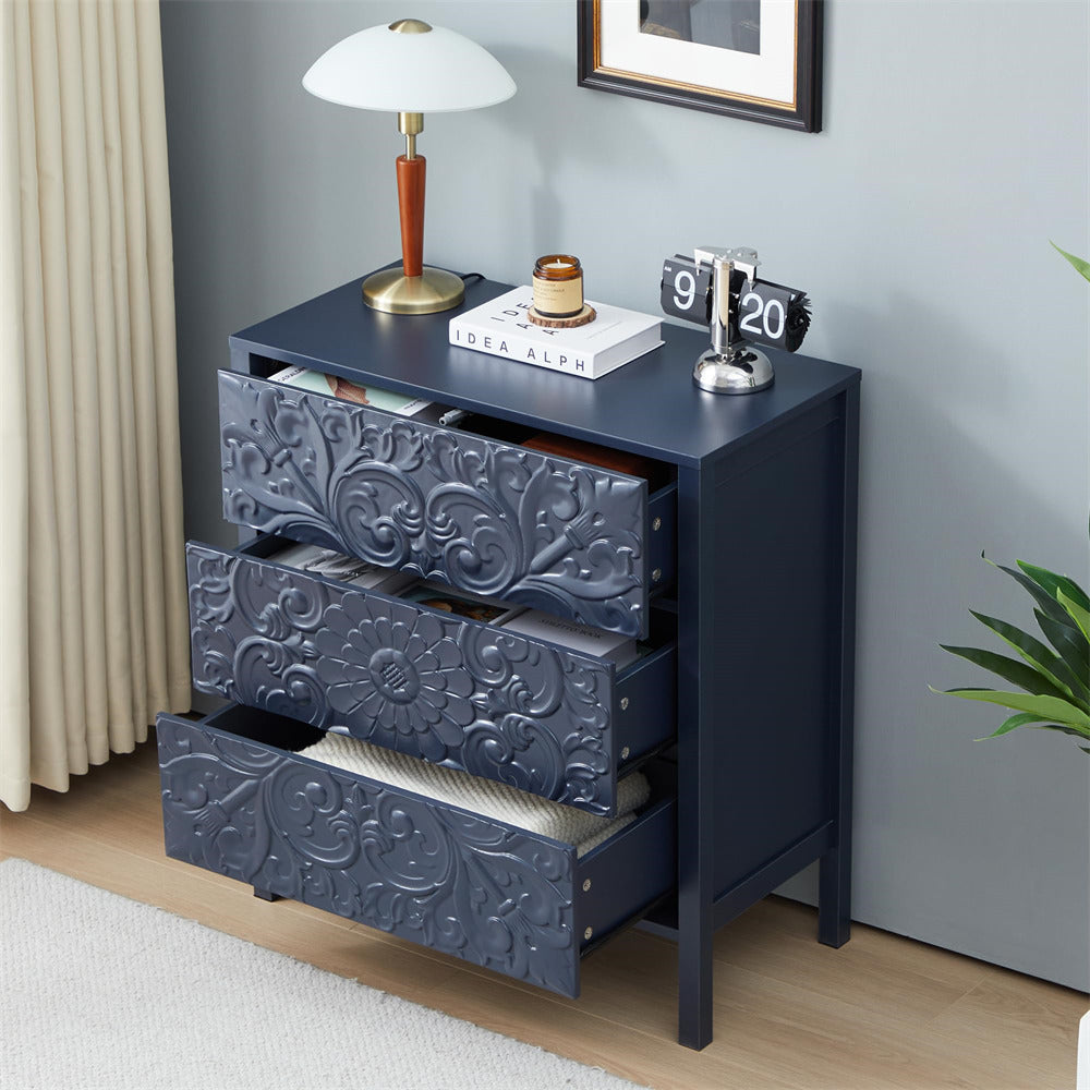 Gray Blue Wooden 3 Drawer Dresser with Storage and Engraved Design