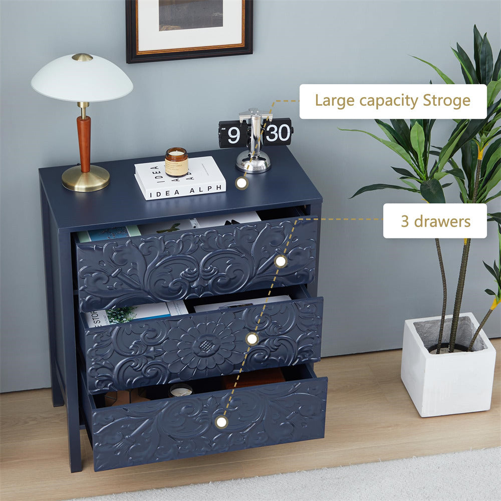 Gray Blue Wooden 3 Drawer Dresser with Storage and Engraved Design