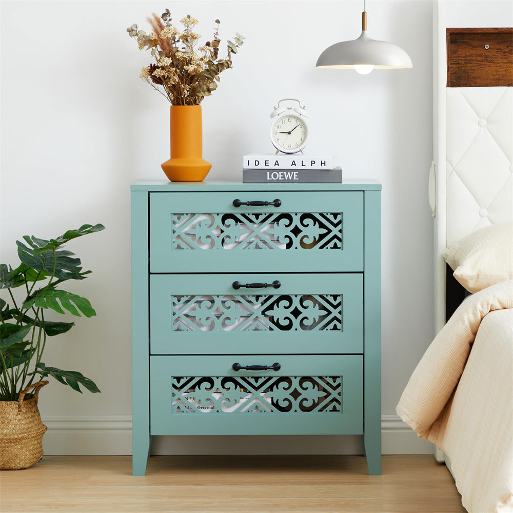 Green Modern Wooden 3 Drawer Dresser Storage Cabinet with Hollow Carving Design