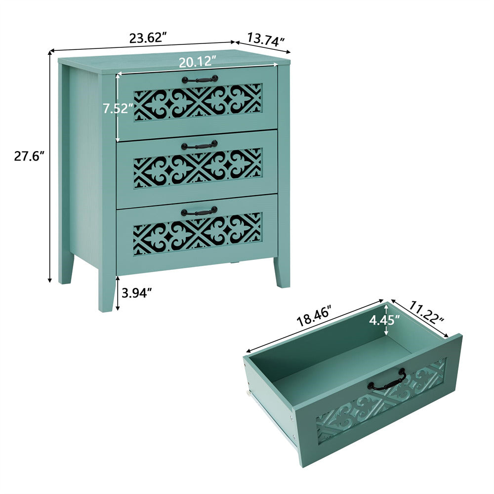 Green Modern Wooden 3 Drawer Dresser Storage Cabinet with Hollow Carving Design Size