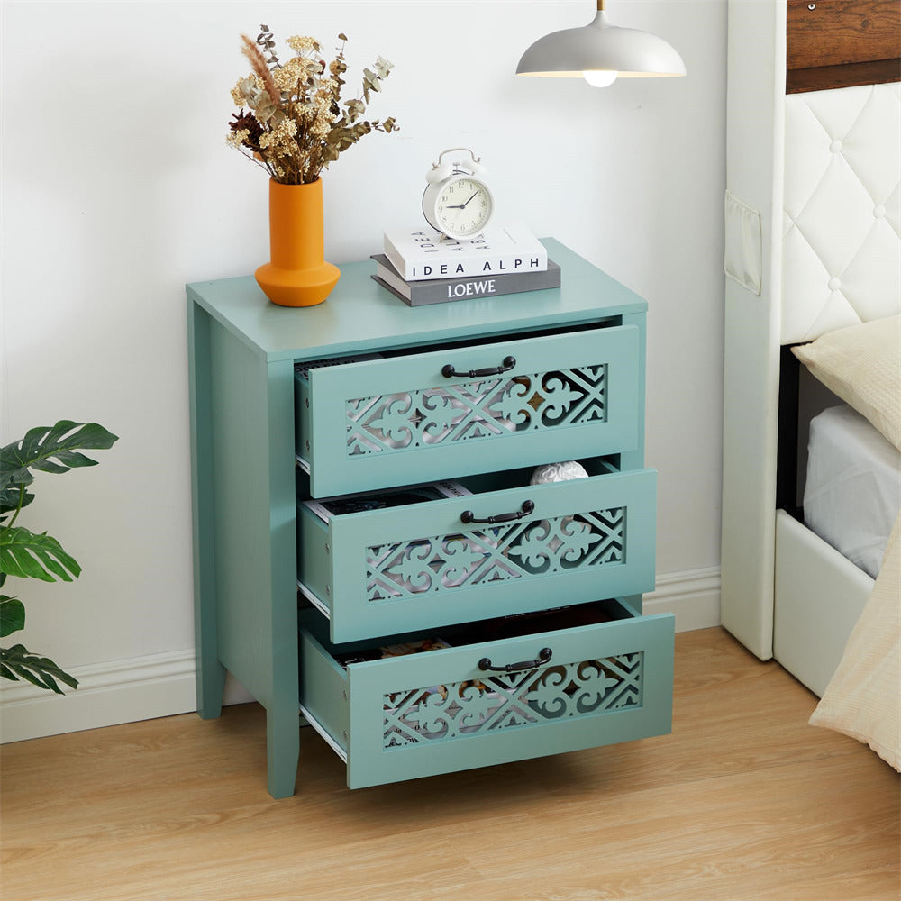 Green Modern Wooden 3 Drawer Dresser Storage Cabinet with Hollow Carving Design