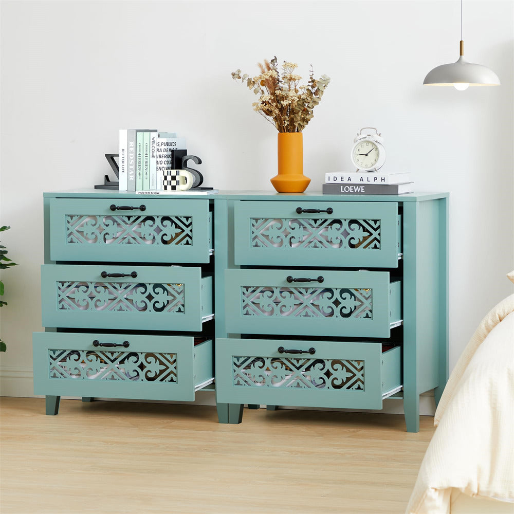 Green Modern Wooden 3 Drawer Dresser Storage Cabinet with Hollow Carving Design