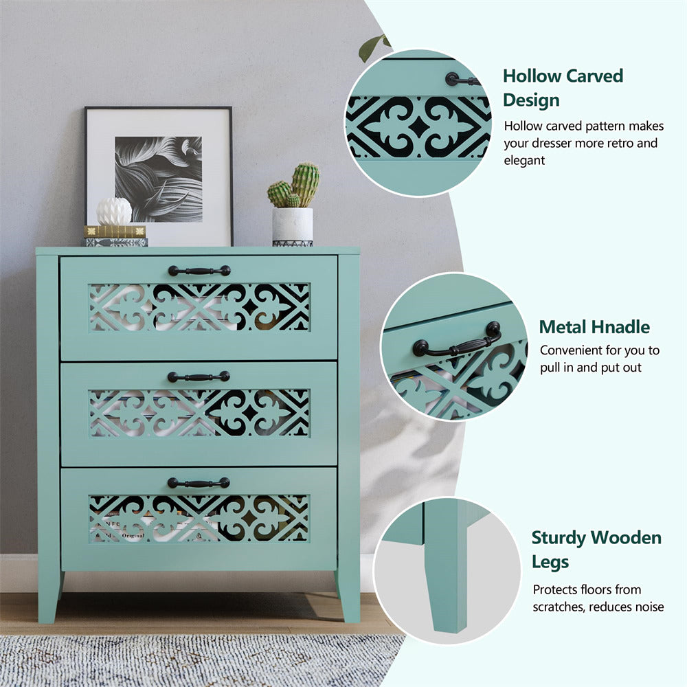 Green Modern Wooden 3 Drawer Dresser Storage Cabinet with Hollow Carving Design