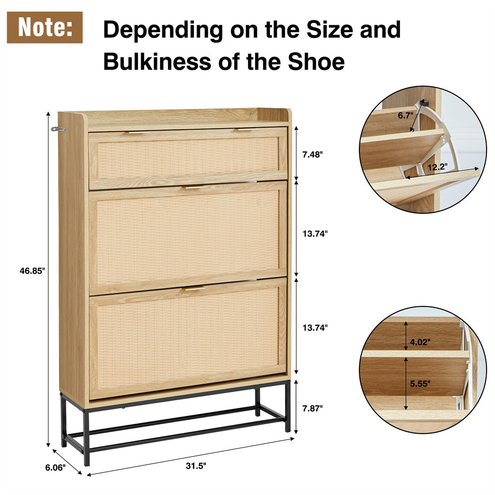 Hidden Shoe Cabinet Natural Free Standing Narrow Shoe Rack Cabinet with 2 Flip Drawer