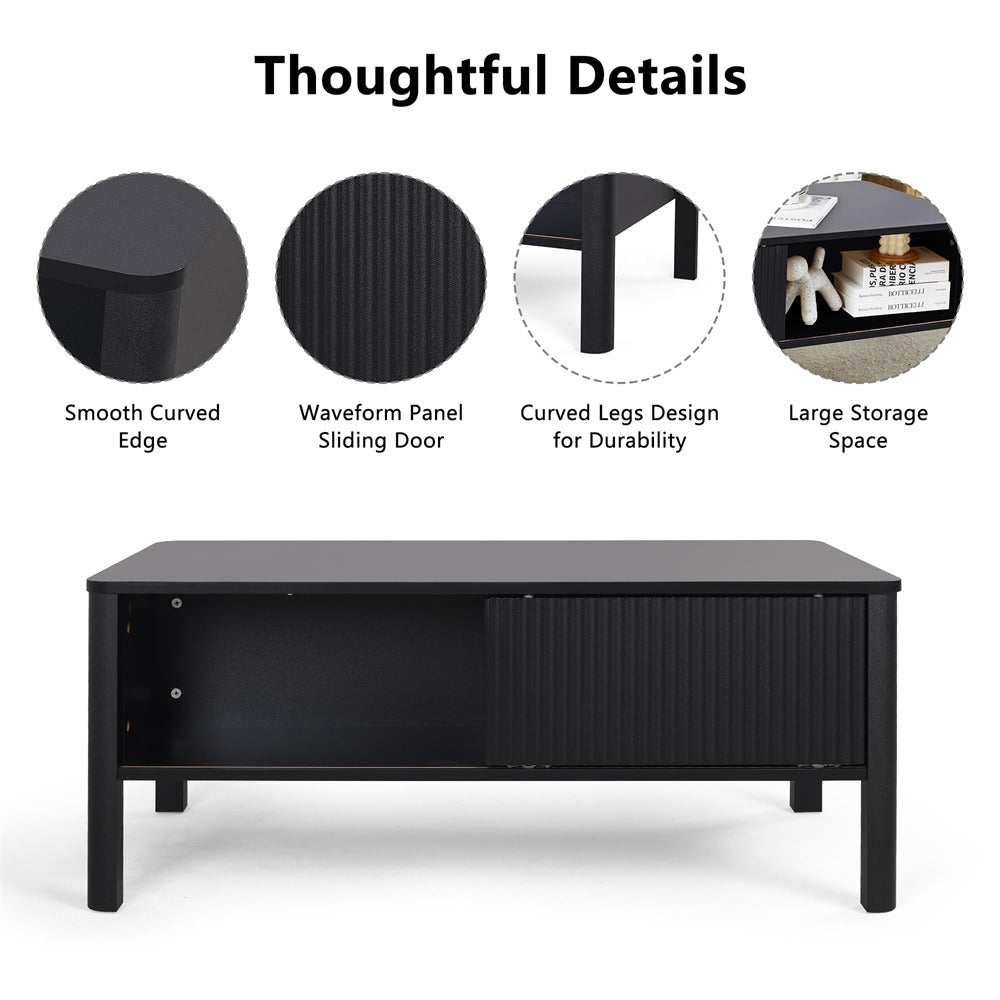 Mid-Century Modern Rectangular Wood Coffee Table Black with Waveform Panel Sliding Door