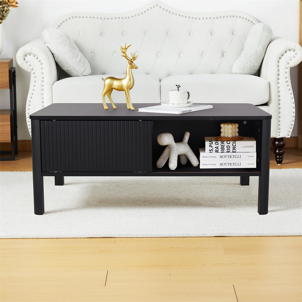 Mid-Century Modern Rectangular Wood Coffee Table Black with Waveform Panel Sliding Door