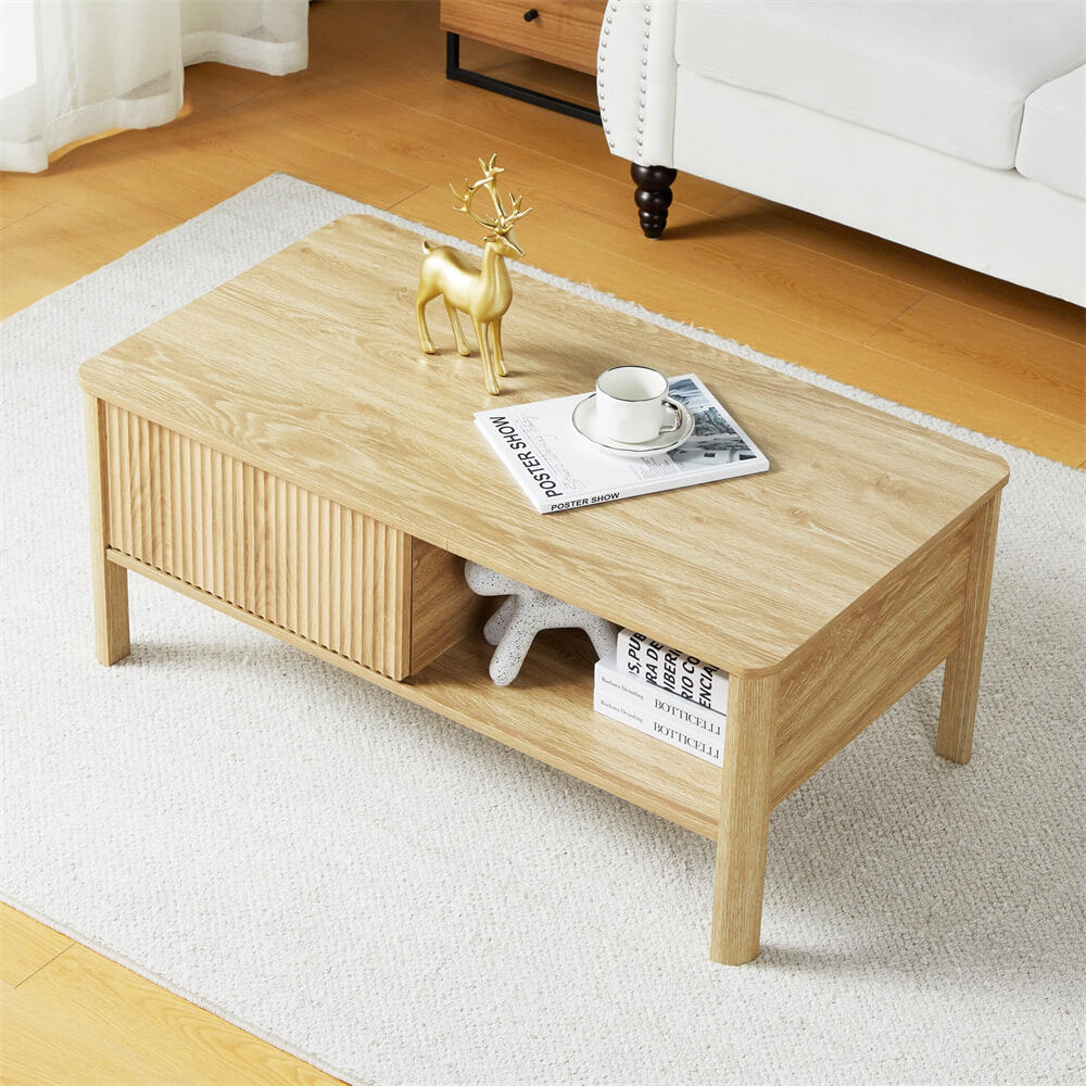 Mid-Century Modern Rectangular Wood Coffee Table Natural with Waveform Panel Sliding Door