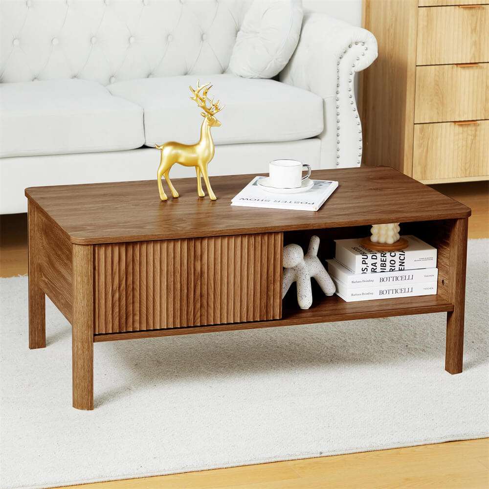 Mid-Century Modern Rectangular Wood Coffee Table Walnut with Waveform Panel Sliding Door