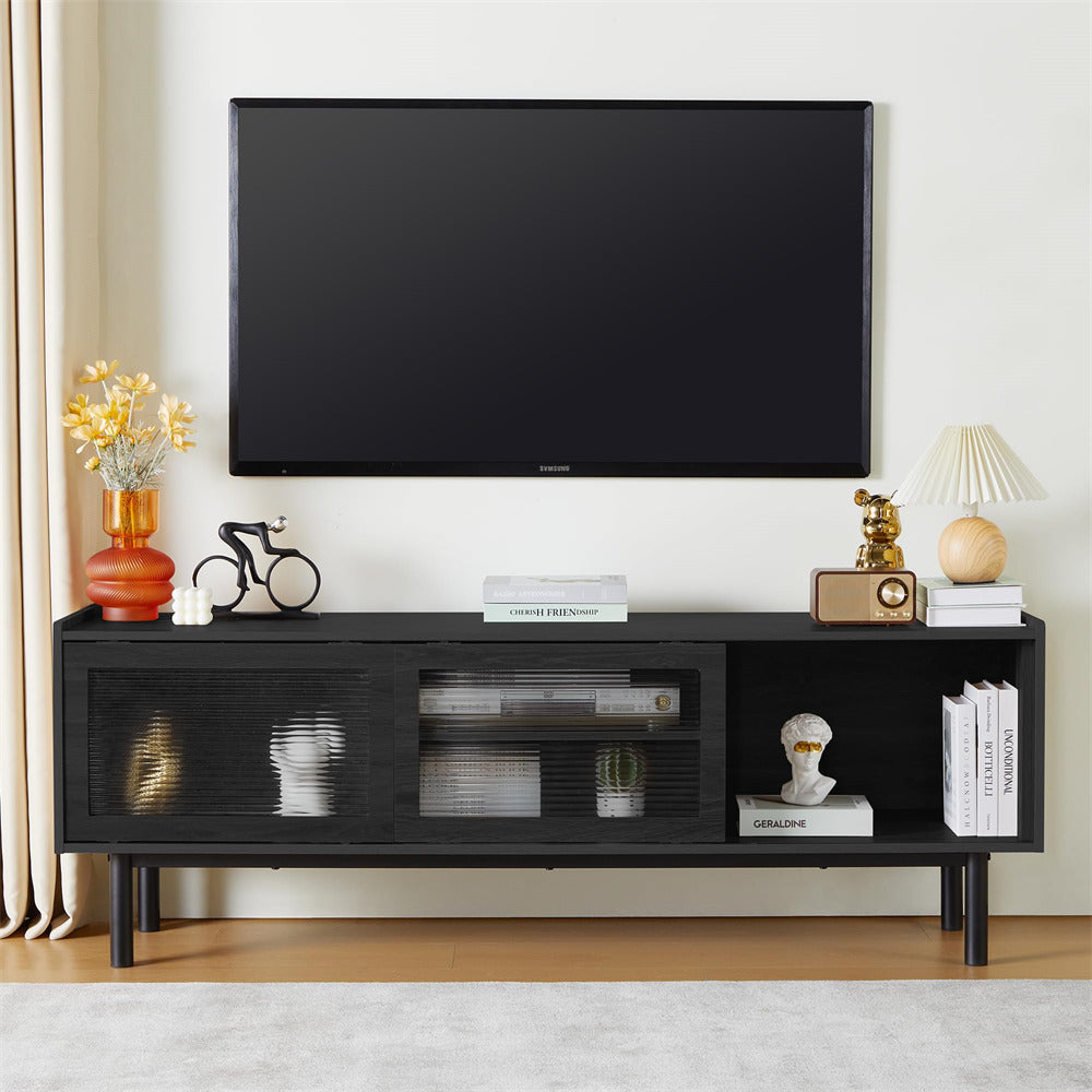 Modern TV Stand Console Table Black with Glass Sliding Door and Adjustable Shelves