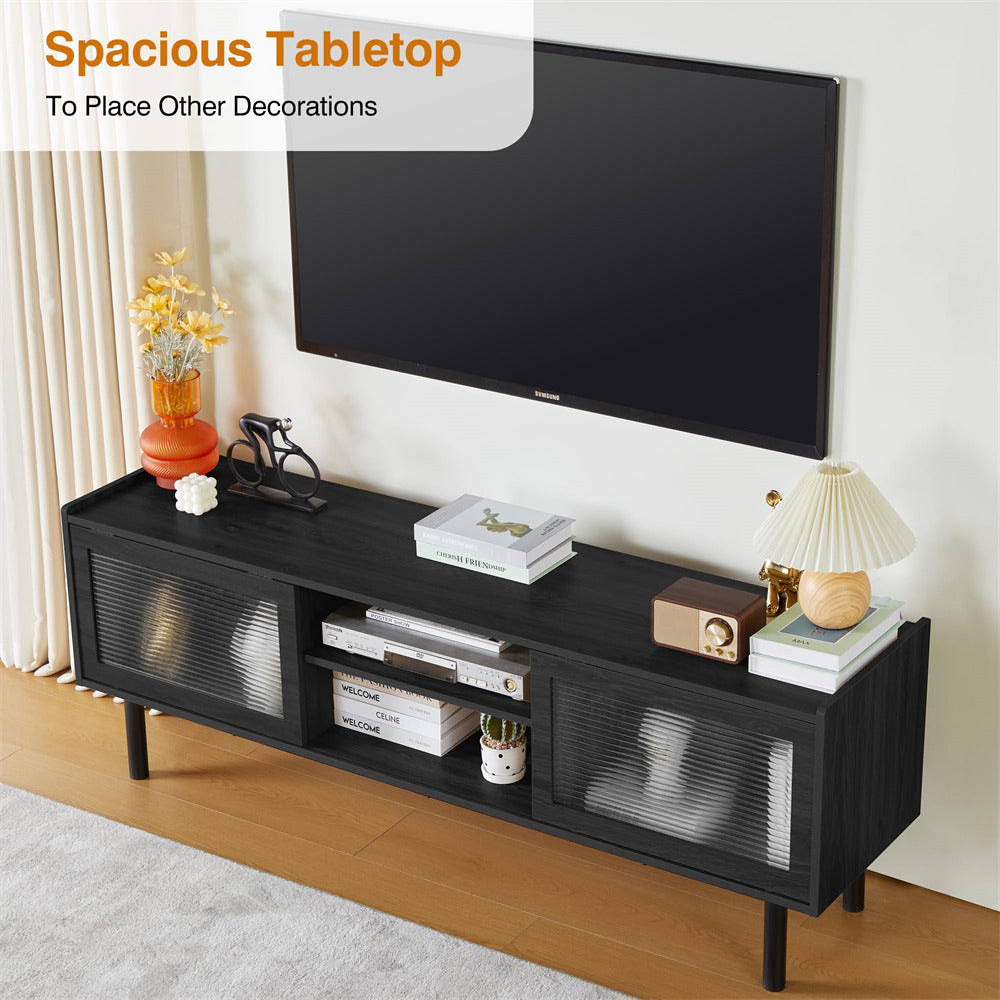 Modern TV Stand Console Table Black with Glass Sliding Door and Adjustable Shelves