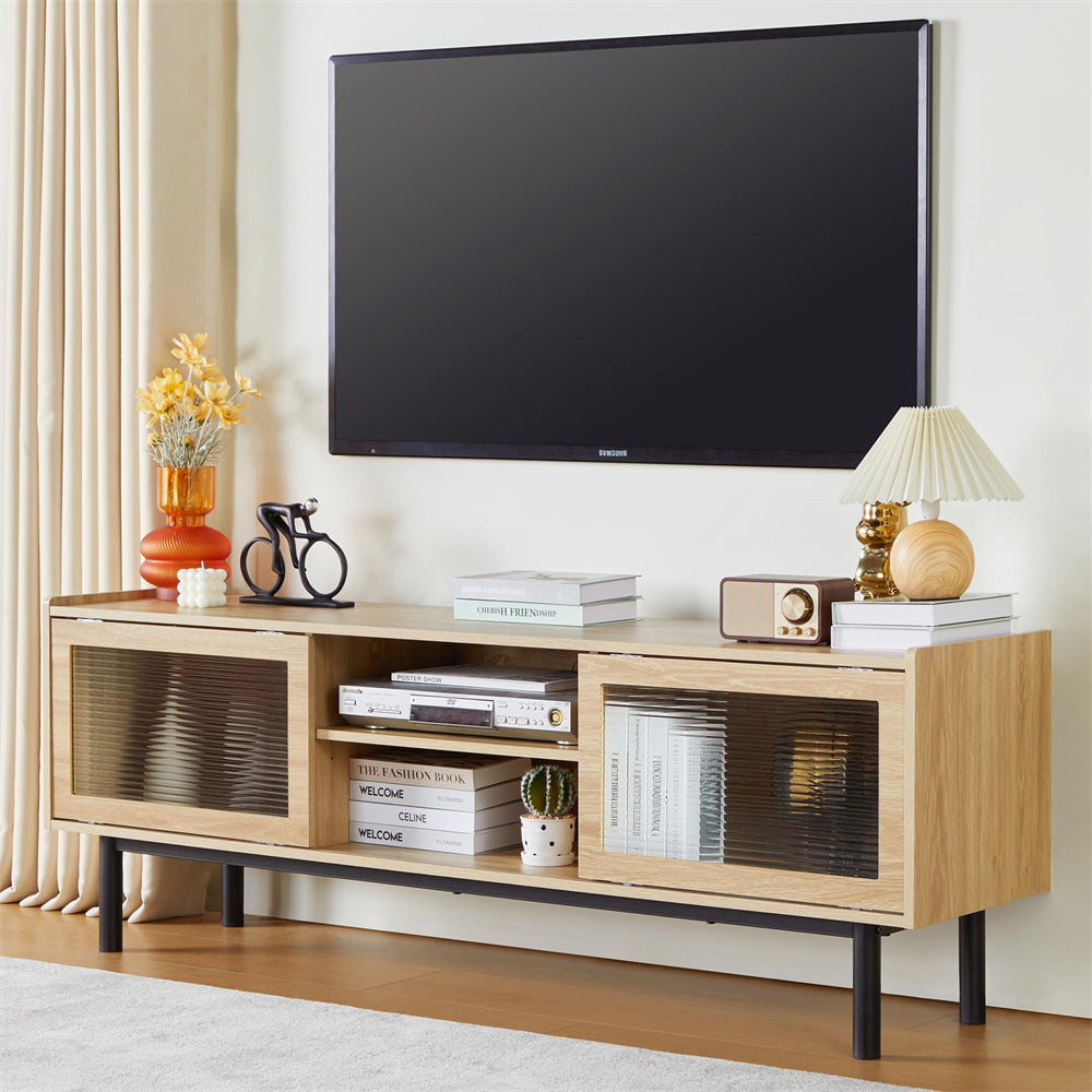 Modern TV Stand Console Table Natural with Glass Sliding Door and Adjustable Shelves