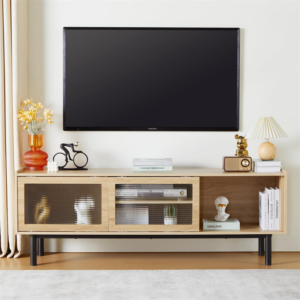 Modern TV Stand Console Table Natural with Glass Sliding Door and Adjustable Shelves