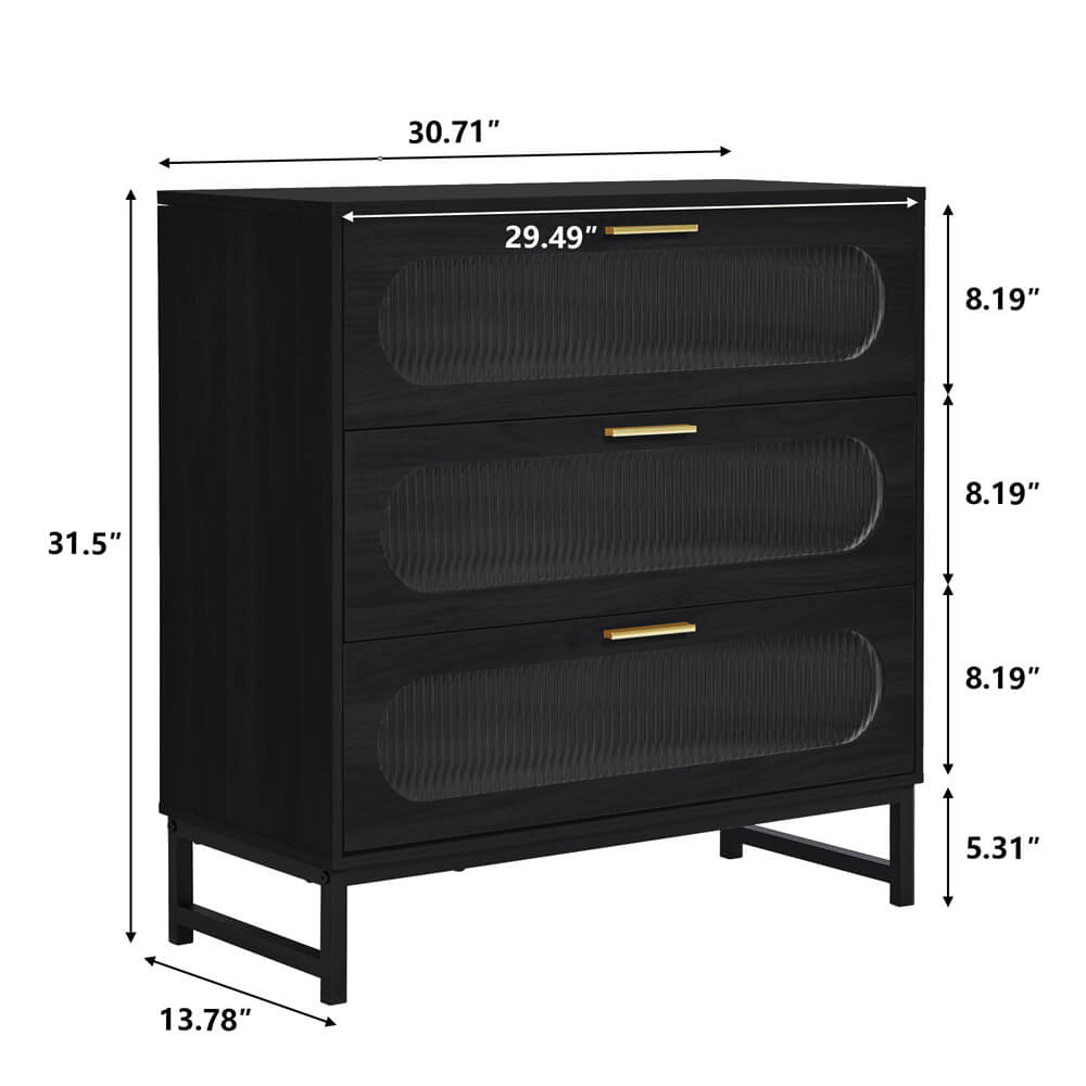 Modern Wood 3 Drawer Dresser Black Tempered Glass Drawer Design Size