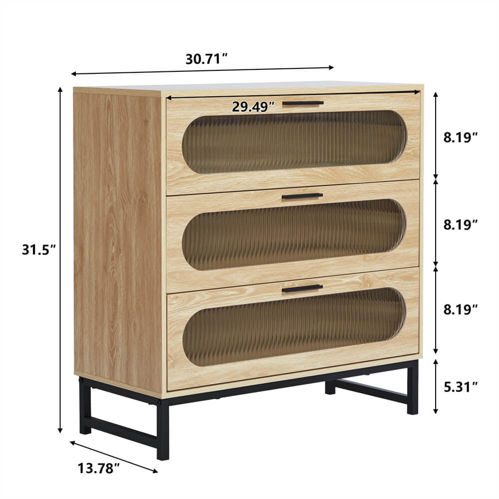 Modern Wood 3 Drawer Dresser Natural Tempered Glass Drawer Design Size