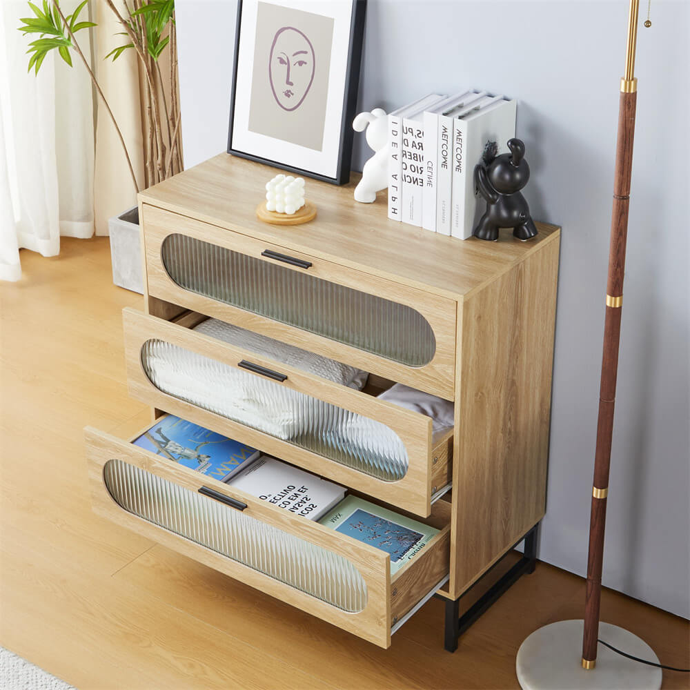 Modern Wood 3 Drawer Dresser Natural Tempered Glass Drawer Design