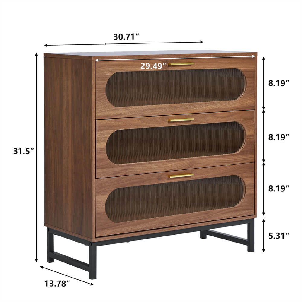Modern Wood 3 Drawer Dresser Walnut Tempered Glass Drawer Design Size
