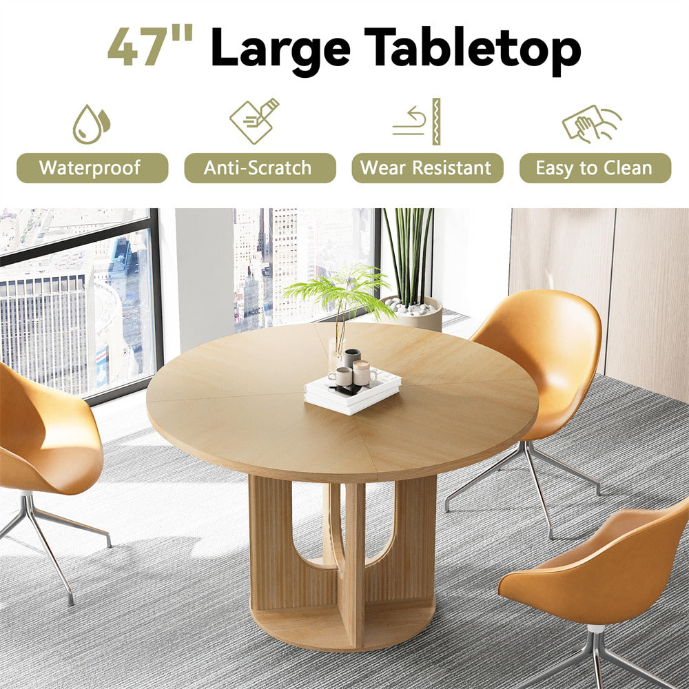 Natural 47 Inch Farmhouse Round Fluted Dining Table Circle Kitchen Table with Wooden Pedestal Base