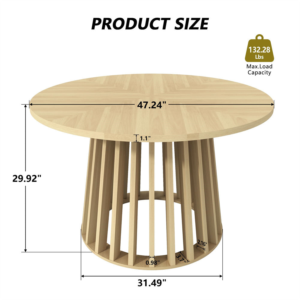 Natural 47 Inch Rustic Round Dining Table Farmhouse Kitchen Table with Wood Strip Base