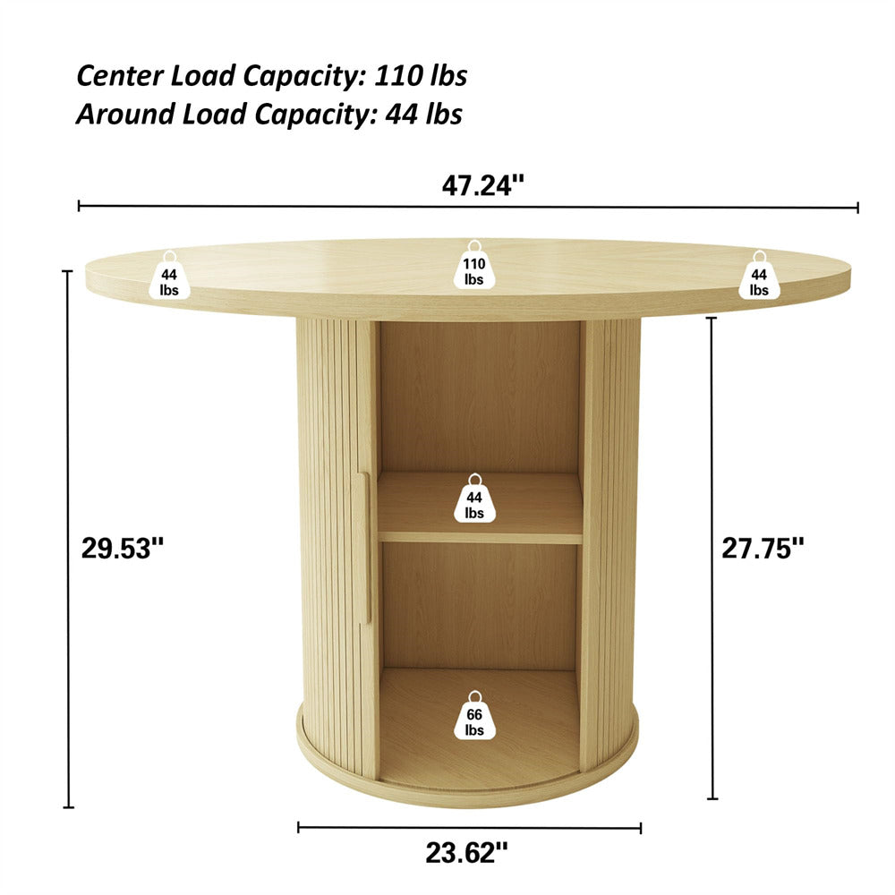 Natural 47 inch Round Kitchen Dining Table for 4 with 2-Layer Storage Shelf and Wood Slide Door