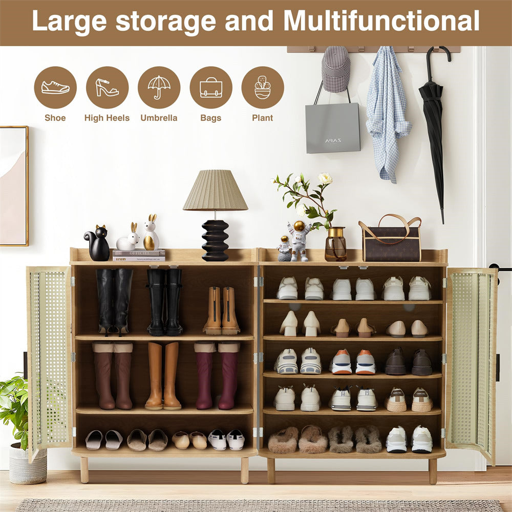 Natural 5 Tier Boho Wooden Shoe Cabinet Storage Organizer with Adjustable Shelves and Iron Rattan Curved Doors