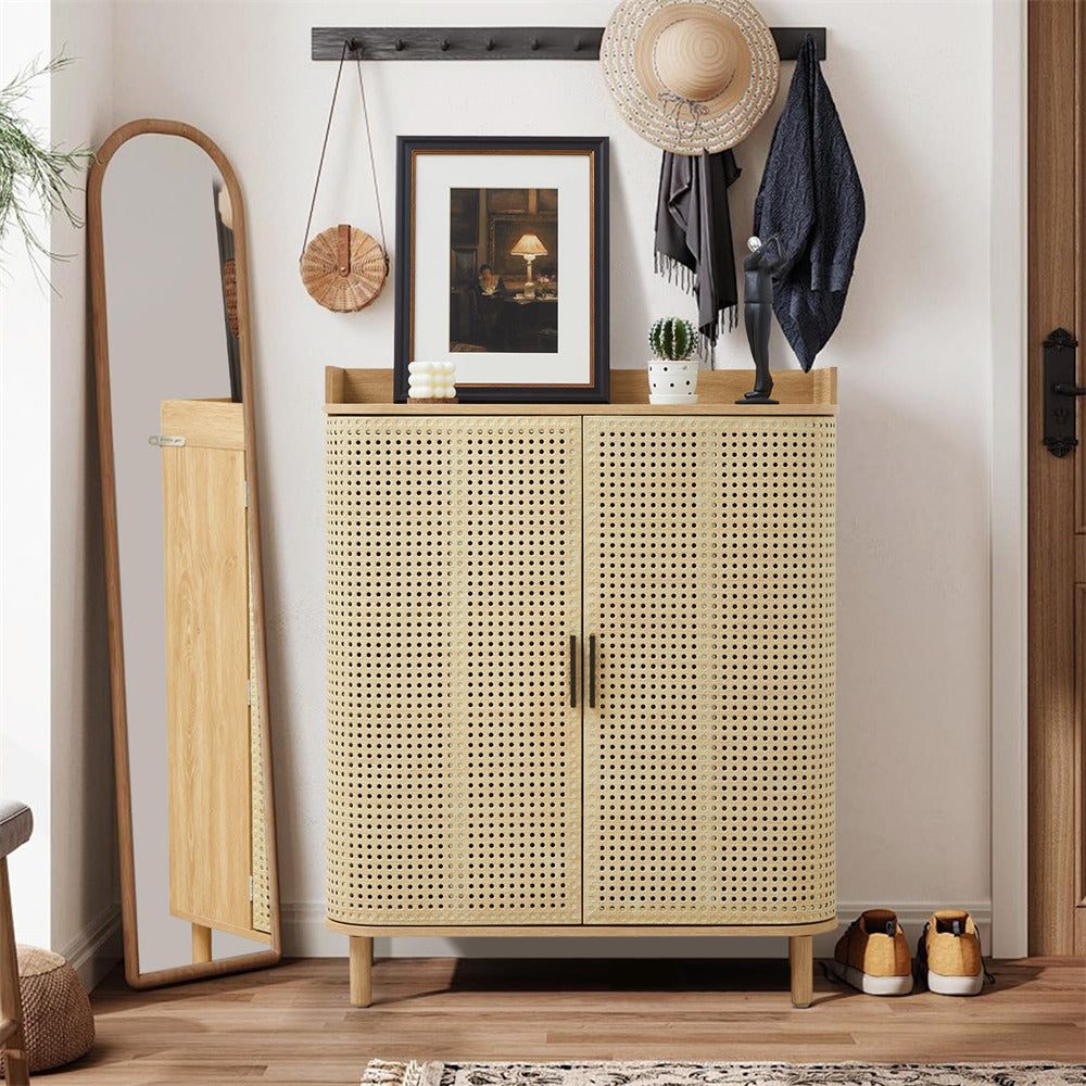 Natural 5 Tier Boho Wooden Shoe Cabinet Storage Organizer with Adjustable Shelves and Iron Rattan Curved Doors