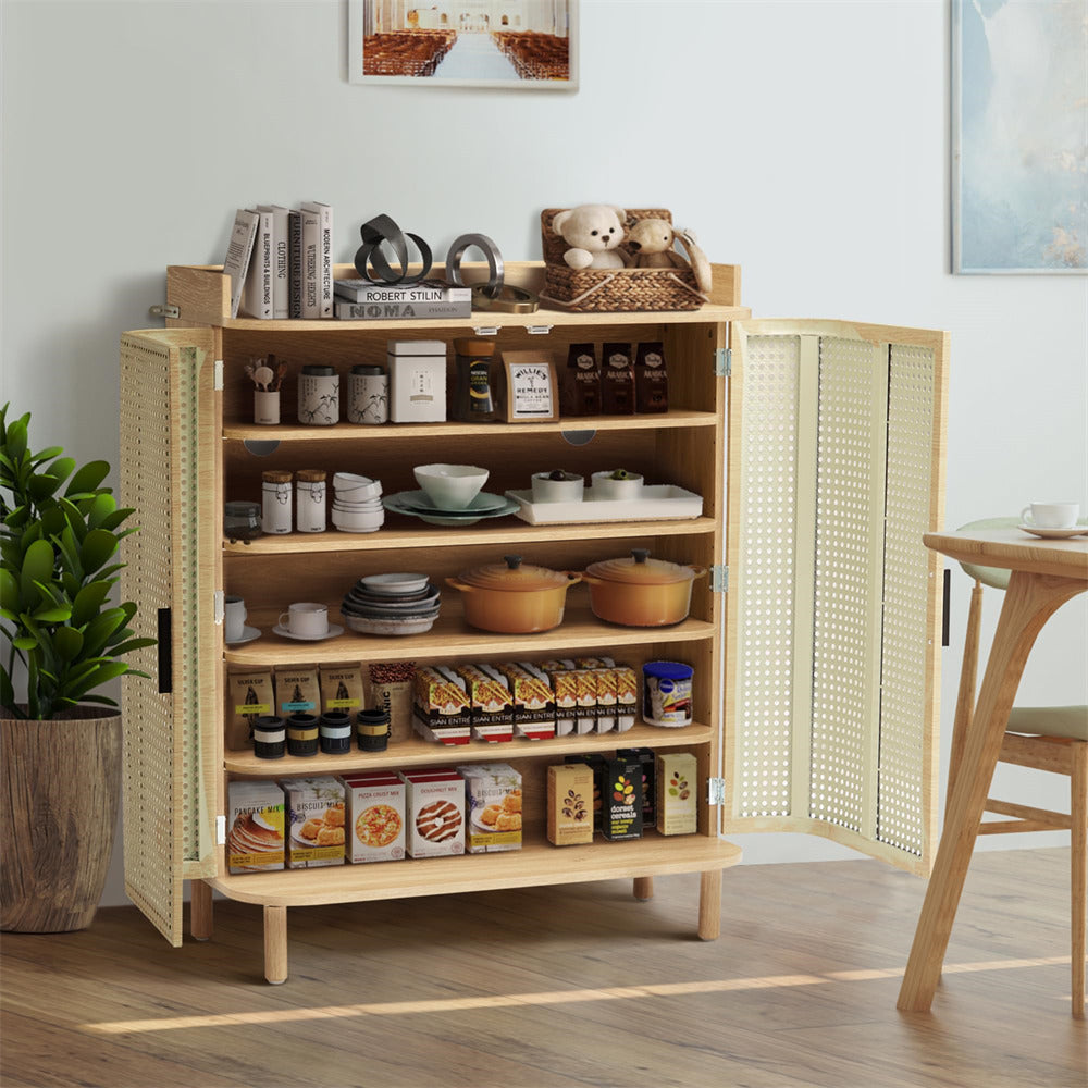 Natural 5 Tier Boho Wooden Shoe Cabinet Storage Organizer with Adjustable Shelves and Iron Rattan Curved Doors