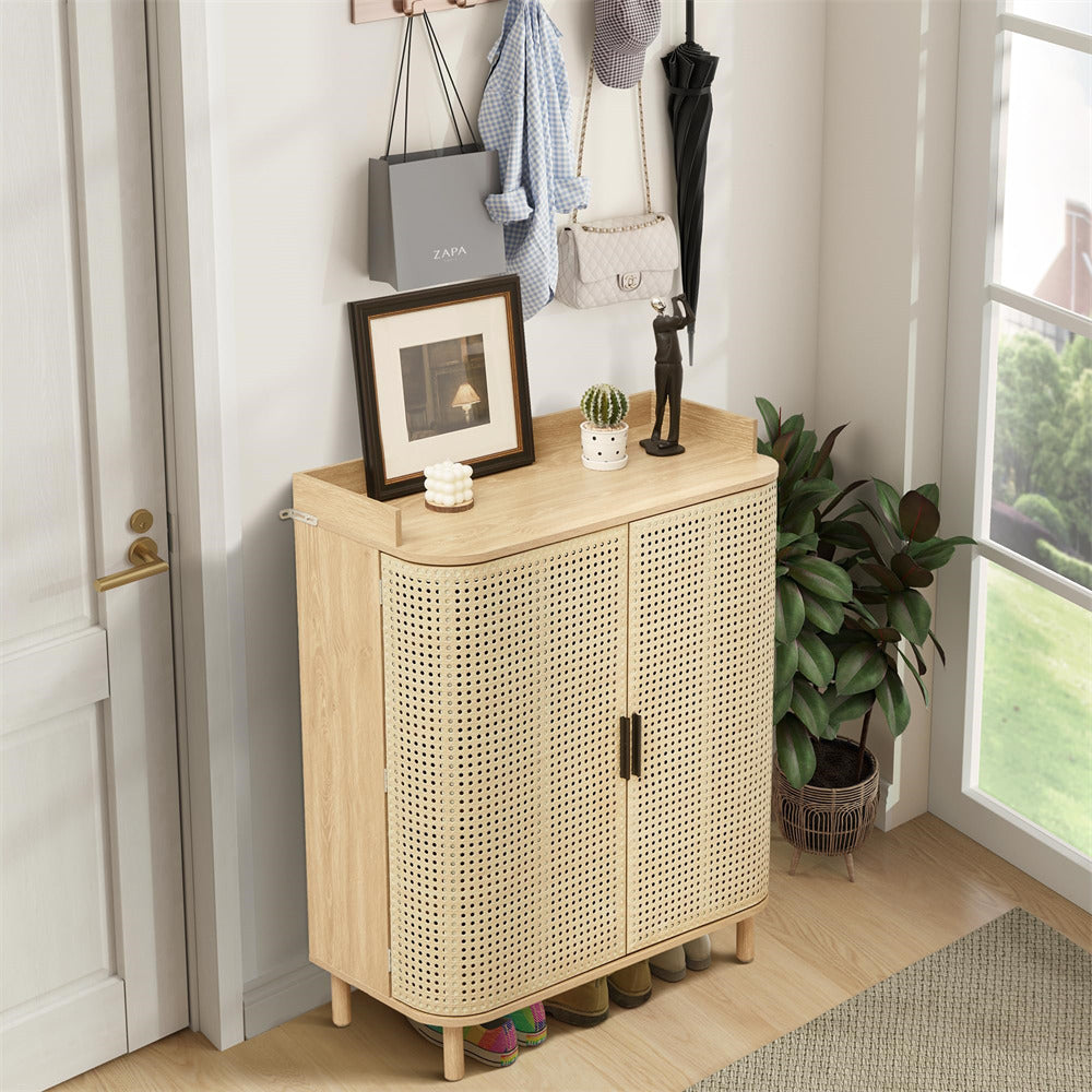 Natural 5 Tier Boho Wooden Shoe Cabinet Storage Organizer with Adjustable Shelves and Iron Rattan Curved Doors