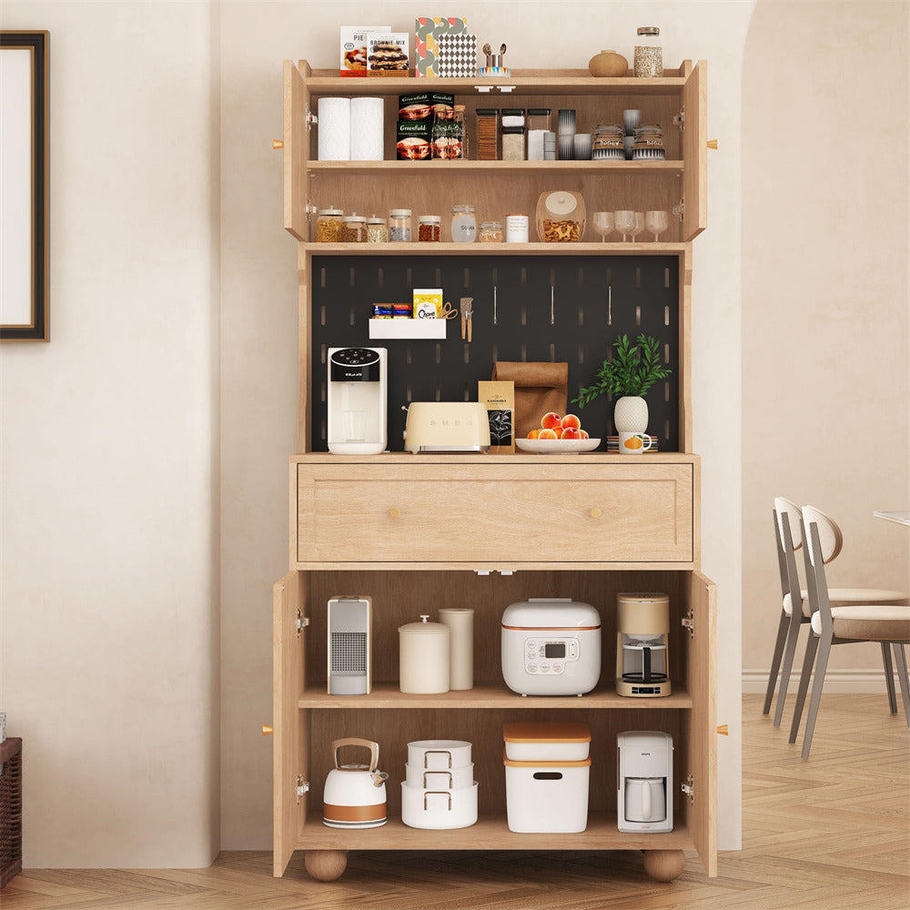 Natural 63" Kitchen Pantry Cabinet Buffet Sideboard with Microwave Stand and Charging Station