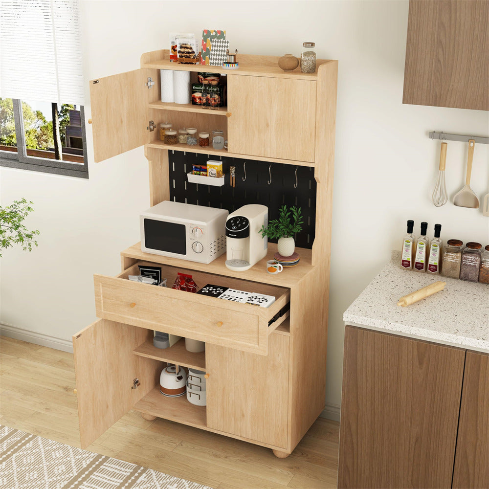 Natural 63" Kitchen Pantry Cabinet Buffet Sideboard with Microwave Stand and Charging Station