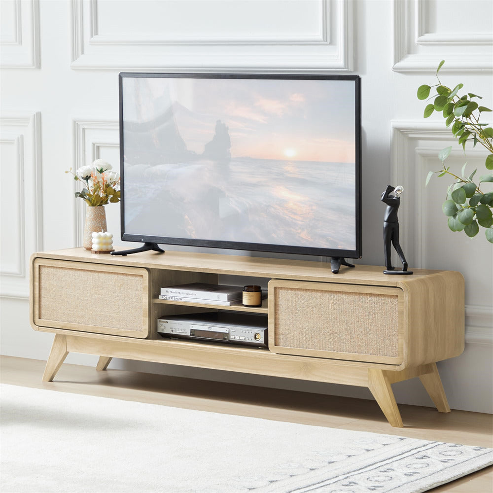 Natural 65 Inch Boho Wooden TV Stand Modern Entertainment Center with Storage and Nature Linen Doors