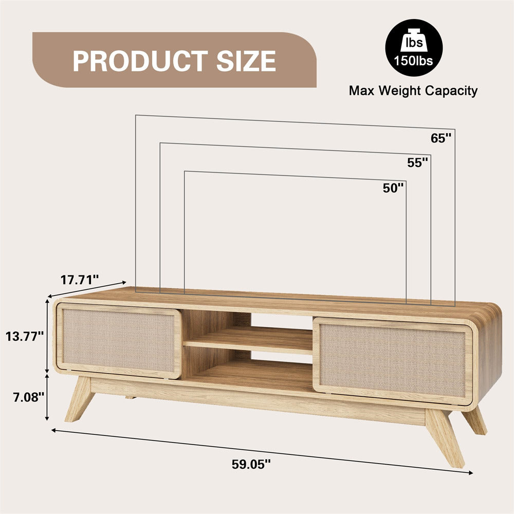 Natural 65 Inch Boho Wooden TV Stand Modern Entertainment Center with Storage and Nature Linen Doors