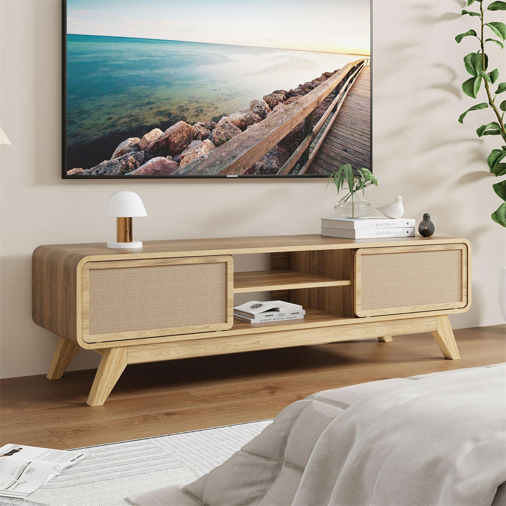 Natural 65 Inch Boho Wooden TV Stand Modern Entertainment Center with Storage and Nature Linen Doors