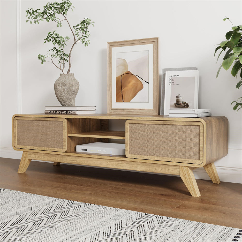 Natural 65 Inch Boho Wooden TV Stand Modern Entertainment Center with Storage and Nature Linen Doors