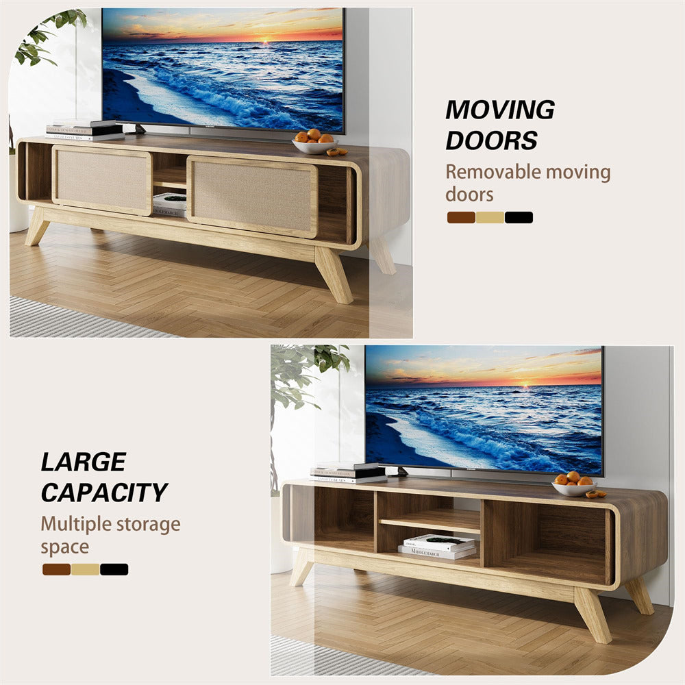 Natural 65 Inch Boho Wooden TV Stand Modern Entertainment Center with Storage and Nature Linen Doors