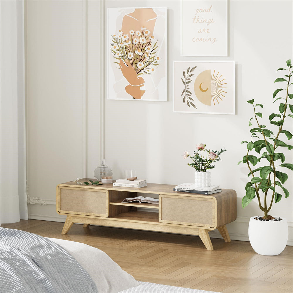 Natural 65 Inch Boho Wooden TV Stand Modern Entertainment Center with Storage and Nature Linen Doors