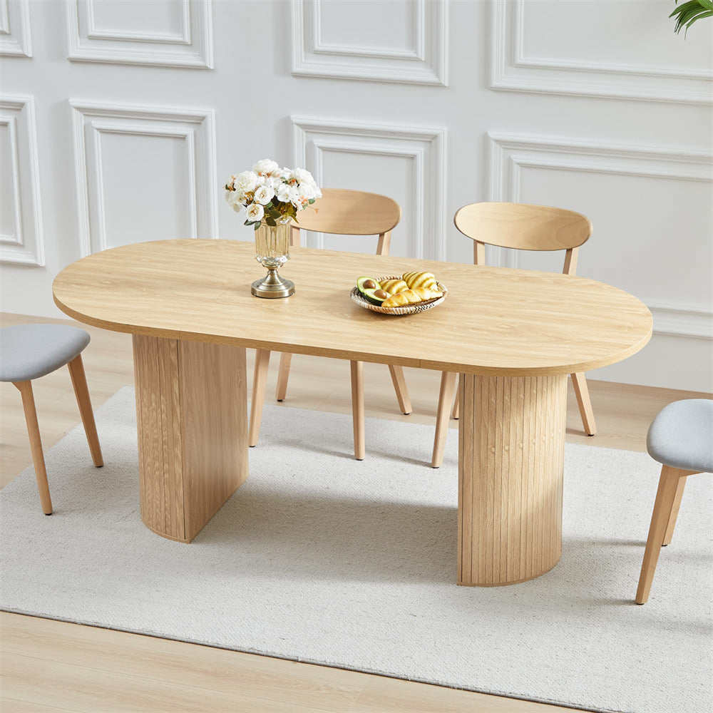 Natural 70.8 Inch Modern Farmhouse Oval Kitchen Dining Table with Semi-Cylindrical Legs Base