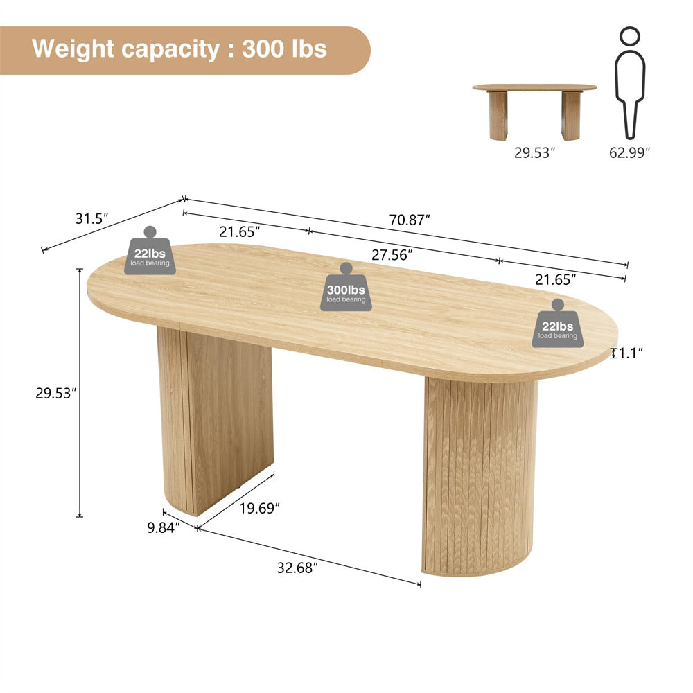 Natural 70.8 Inch Modern Farmhouse Oval Kitchen Dining Table with Semi-Cylindrical Legs Base