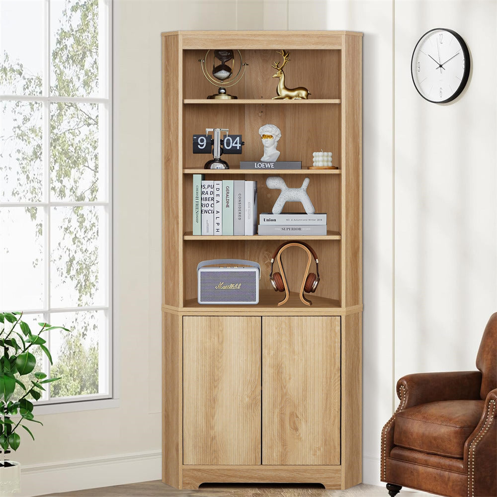 Natural 71" 6-Tier Tall Corner Storage Cabinet with 2 Fluted Doors