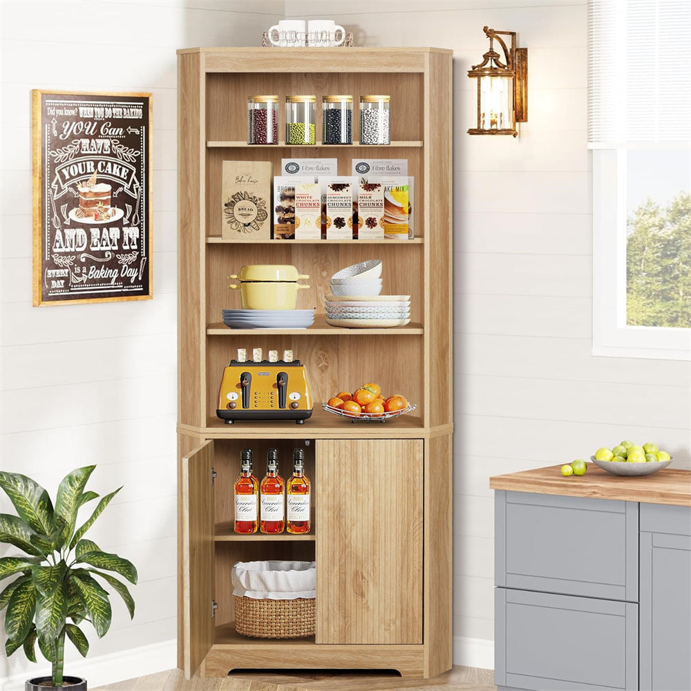 Natural 71" 6-Tier Tall Corner Storage Cabinet with 2 Fluted Doors