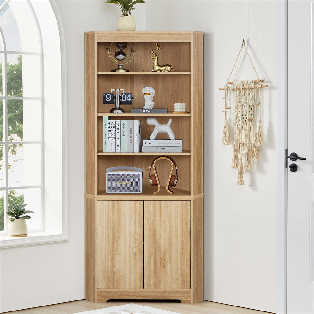 Natural 71" 6-Tier Tall Corner Storage Cabinet with 2 Fluted Doors