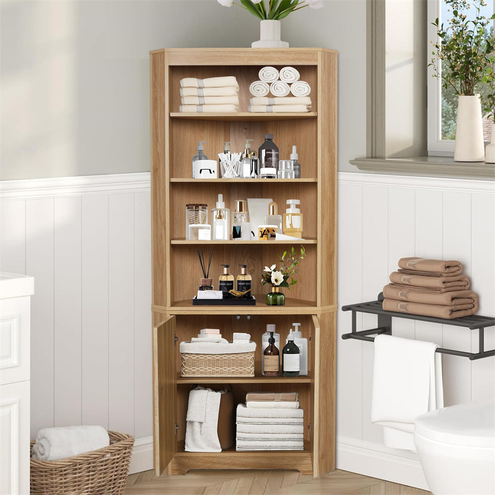 Natural 71" 6-Tier Tall Corner Storage Cabinet with 2 Fluted Doors