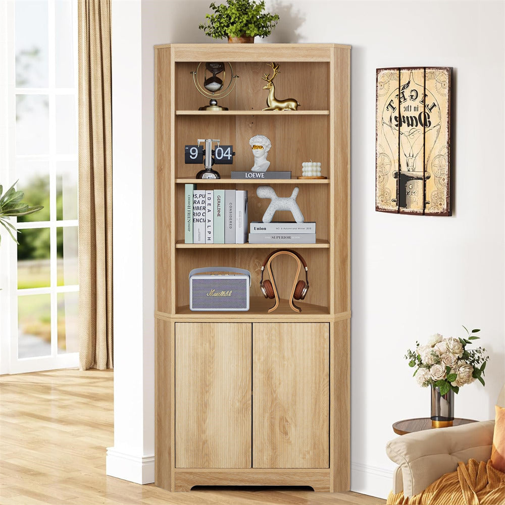 Natural 71" 6-Tier Tall Corner Storage Cabinet with 2 Fluted Doors