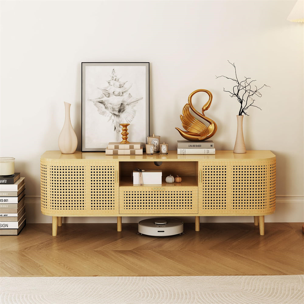 Natural Boho Wooden Console Table TV Stand Up to 65 Inch with Curved Iron Rattan Doors and Drawer