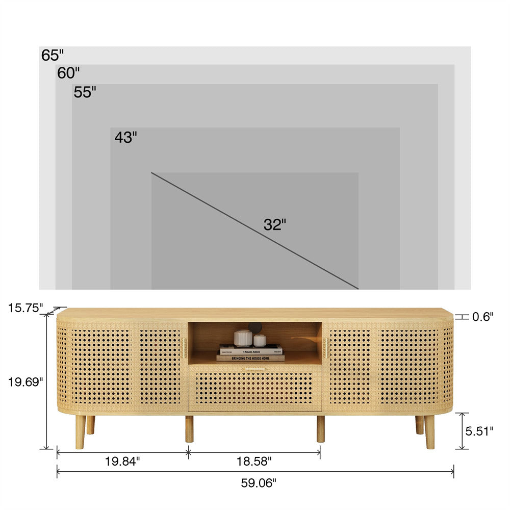 Natural Boho Wooden Console Table TV Stand Up to 65 Inch with Curved Iron Rattan Doors and Drawer