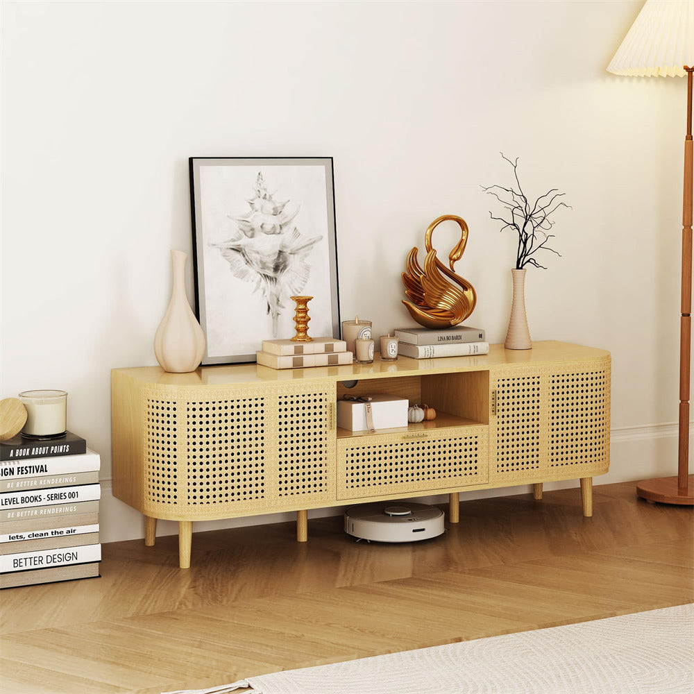 Natural Boho Wooden Console Table TV Stand Up to 65 Inch with Curved Iron Rattan Doors and Drawer