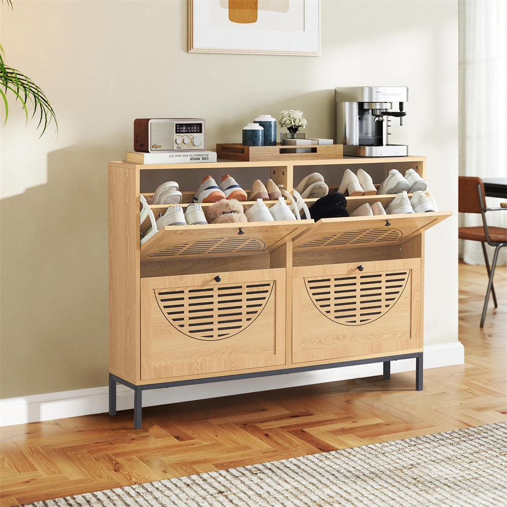 Natural Farmhouse Wooden Shoe Cabinet with Metal Legs and 4 Flip Drawers