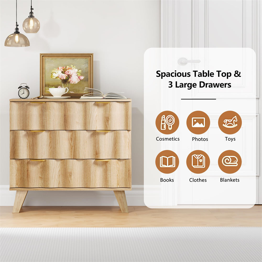 Natural Fluted 3 Drawer Dresser Storage Accent Cabinet with Metal Handles and Wooden Legs