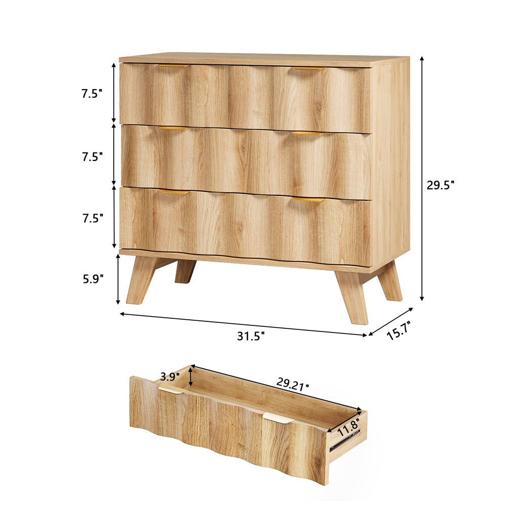 Natural Fluted 3 Drawer Dresser Storage Accent Cabinet with Metal Handles and Wooden Legs